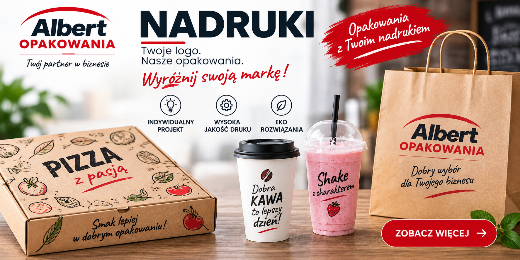 Nadruki na opakowaniach – kubki, torby papierowe i pudełka na pizzę | Albert Opakowania